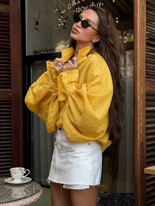 Textured Bubble Sleeve Stand Collar Oversized Button Down Shirt