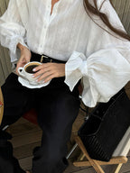 Textured Bubble Sleeve Stand Collar Oversized Button Down Shirt
