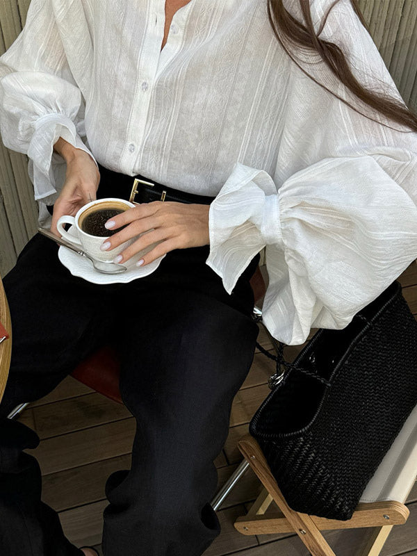Textured Bubble Sleeve Stand Collar Oversized Button Down Shirt