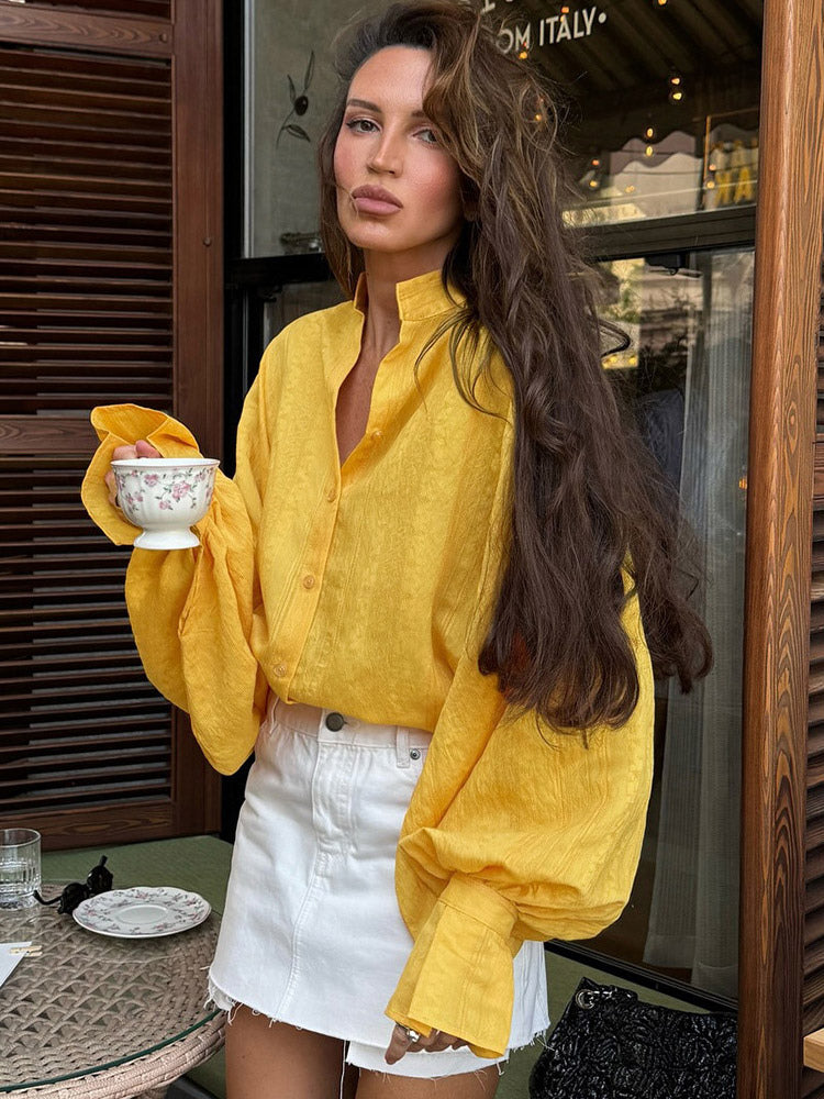 Textured Bubble Sleeve Stand Collar Oversized Button Down Shirt