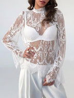Mock Neck Sheer Floral Lace Flare Long Sleeve Layering Top