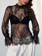 Mock Neck Sheer Floral Lace Flare Long Sleeve Layering Top