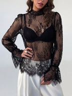 Mock Neck Sheer Floral Lace Flare Long Sleeve Layering Top