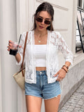 V Neck 3/4 Sleeve Floral Lace Open Front Cardigan Cover Up
