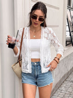 V Neck 3/4 Sleeve Floral Lace Open Front Cardigan Cover Up