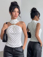 Halter Cutout Polka Dot Sleeveless Slim Cami Top