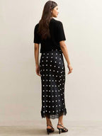 Polka Dot Satin Midi Skirt High Waist Slim Fit Lace Hem Elegant Formal Party Pencil Skirt