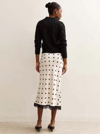 Polka Dot Satin Midi Skirt High Waist Slim Fit Lace Hem Elegant Formal Party Pencil Skirt