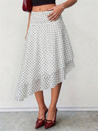 White Mini Dot High Waist Midi Skirt Irregular Ruffle Asymmetrical Hem Flowy Chiffon Skirt