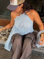 Scalloped Halter Lace Cami Top Irregular Asymmetrical Hem Back Tie Wrap Sheer Sleeveless Tank Top