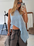 Scalloped Halter Lace Cami Top Irregular Asymmetrical Hem Back Tie Wrap Sheer Sleeveless Tank Top