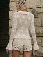 Ruffle V Neck Tie Front Sheer Floral Long Flare Sleeve Top Mesh Blouse