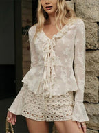 Ruffle V Neck Tie Front Sheer Floral Long Flare Sleeve Top Mesh Blouse