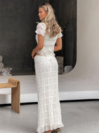 Ruffle Puff Sleeve Ruched Crop Top Mermaid Maxi Skirt Two Piece Set