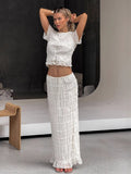 Ruffle Puff Sleeve Ruched Crop Top Mermaid Maxi Skirt Two Piece Set