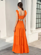 Square Neck Ruffle Strap Crop Top Tiered Maxi Skirt 2 Piece Vacation Outfit Set