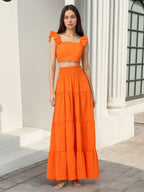 Square Neck Ruffle Strap Crop Top Tiered Maxi Skirt 2 Piece Vacation Outfit Set