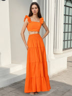 Square Neck Ruffle Strap Crop Top Tiered Maxi Skirt 2 Piece Vacation Outfit Set