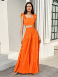Square Neck Ruffle Strap Crop Top Tiered Maxi Skirt 2 Piece Vacation Outfit Set