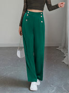 High Waist Double Row Button Decor Wide Leg Suit Pants Draped Formal Trousers