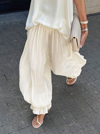 Elastic High Waist Ruffle Cuff Wide Leg Harem Pants Flowy Draped Casual Trousers