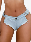 Low Rise Fringed Denim Hot Shorts Adjustable Buckle Raw Hem Micro Mini Shorts