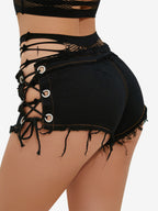 Mesh Patch Back Side Lace Up Raw Hem Denim Micro Hot Shorts Multi Color Booty Shorts