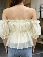 Off Shoulder Ruffle Bubble Sleeve Organza Peplum Crop Top Fairy Blouse For Women