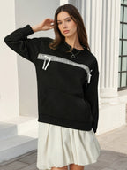 Lace Bow Crew Neck Oversized Sweatshirt Front Kangaroo Pocket Long Sleeve Pullover