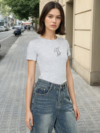 Front Back Embroidery Letter Wing Slim Fit Short Sleeve T Shirt