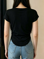 V Neck Side Ruched Slim Fit Short Sleeve T-Shirt Curved Hem Cropped Tee Basic Top