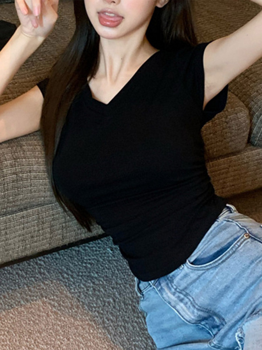 V Neck Side Ruched Slim Fit Short Sleeve T-Shirt Curved Hem Cropped Tee Basic Top