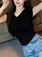 V Neck Side Ruched Slim Fit Short Sleeve T-Shirt Curved Hem Cropped Tee Basic Top
