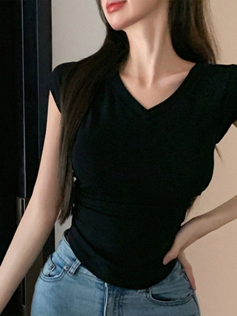 V Neck Side Ruched Slim Fit Short Sleeve T-Shirt Curved Hem Cropped Tee Basic Top