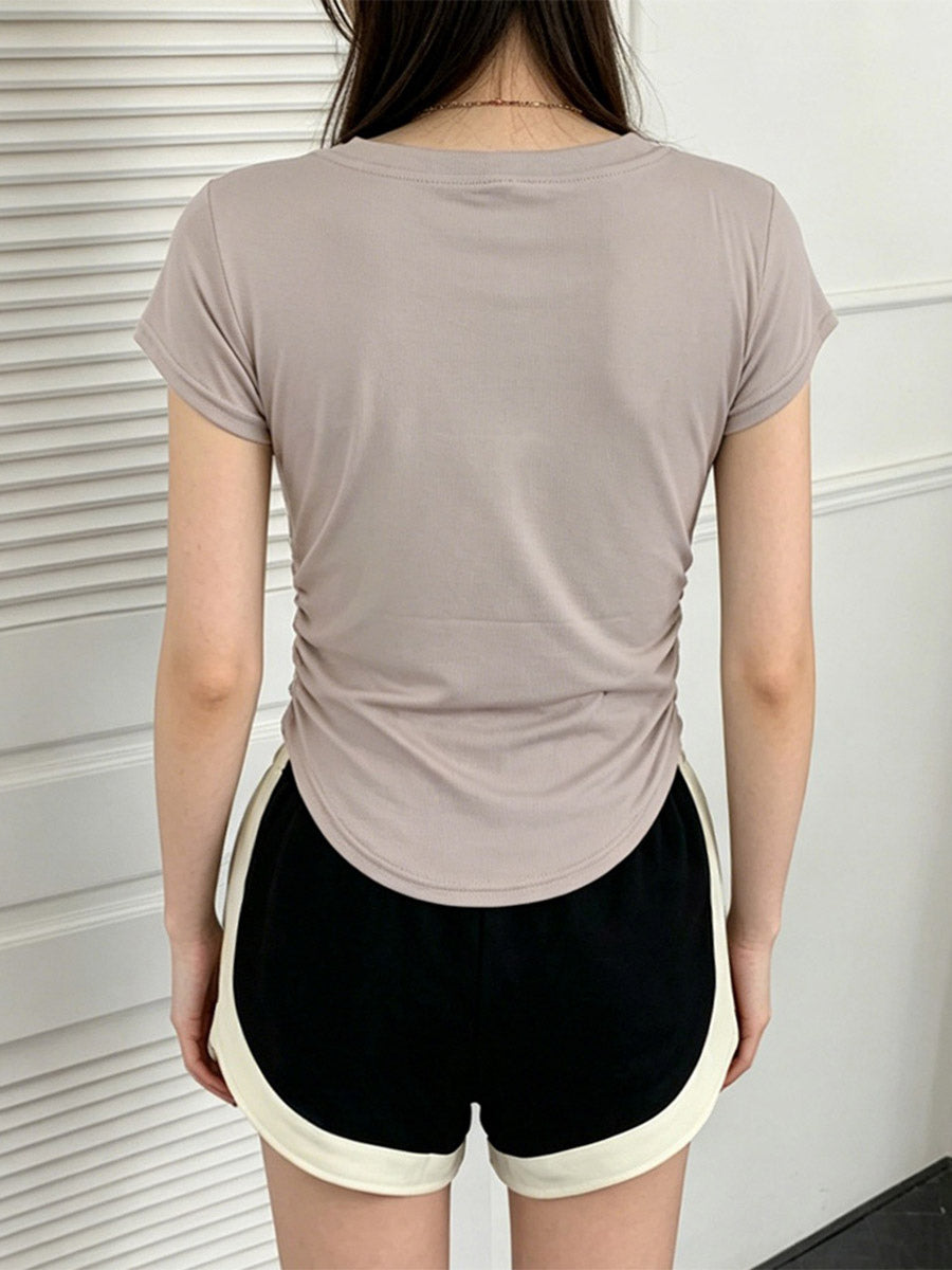 V Neck Side Ruched Slim Fit Short Sleeve T-Shirt Curved Hem Cropped Tee Basic Top
