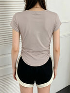 V Neck Side Ruched Slim Fit Short Sleeve T-Shirt Curved Hem Cropped Tee Basic Top