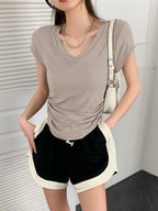 V Neck Side Ruched Slim Fit Short Sleeve T-Shirt Curved Hem Cropped Tee Basic Top