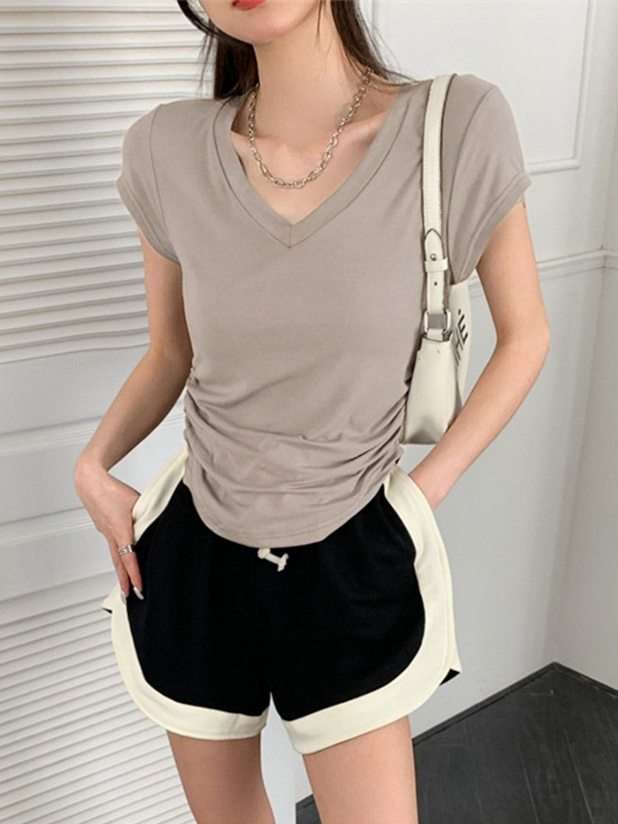 V Neck Side Ruched Slim Fit Short Sleeve T-Shirt Curved Hem Cropped Tee Basic Top