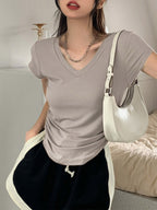 V Neck Side Ruched Slim Fit Short Sleeve T-Shirt Curved Hem Cropped Tee Basic Top