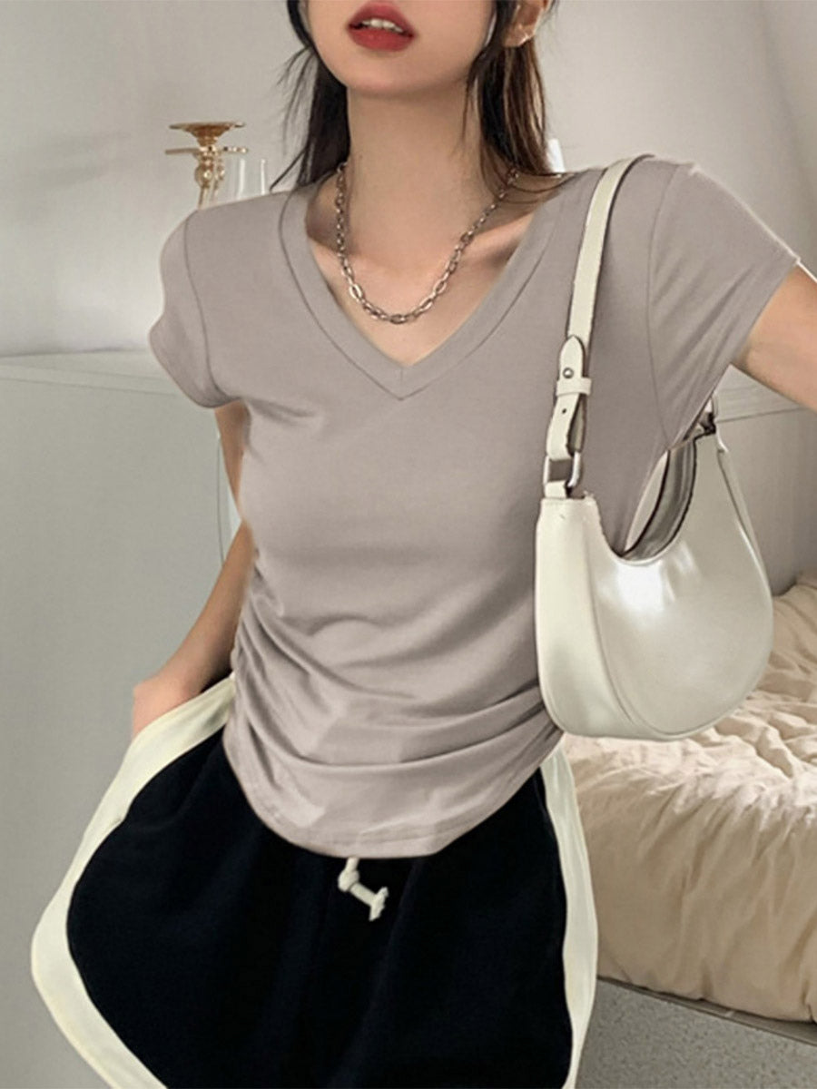 V Neck Side Ruched Slim Fit Short Sleeve T-Shirt Curved Hem Cropped Tee Basic Top