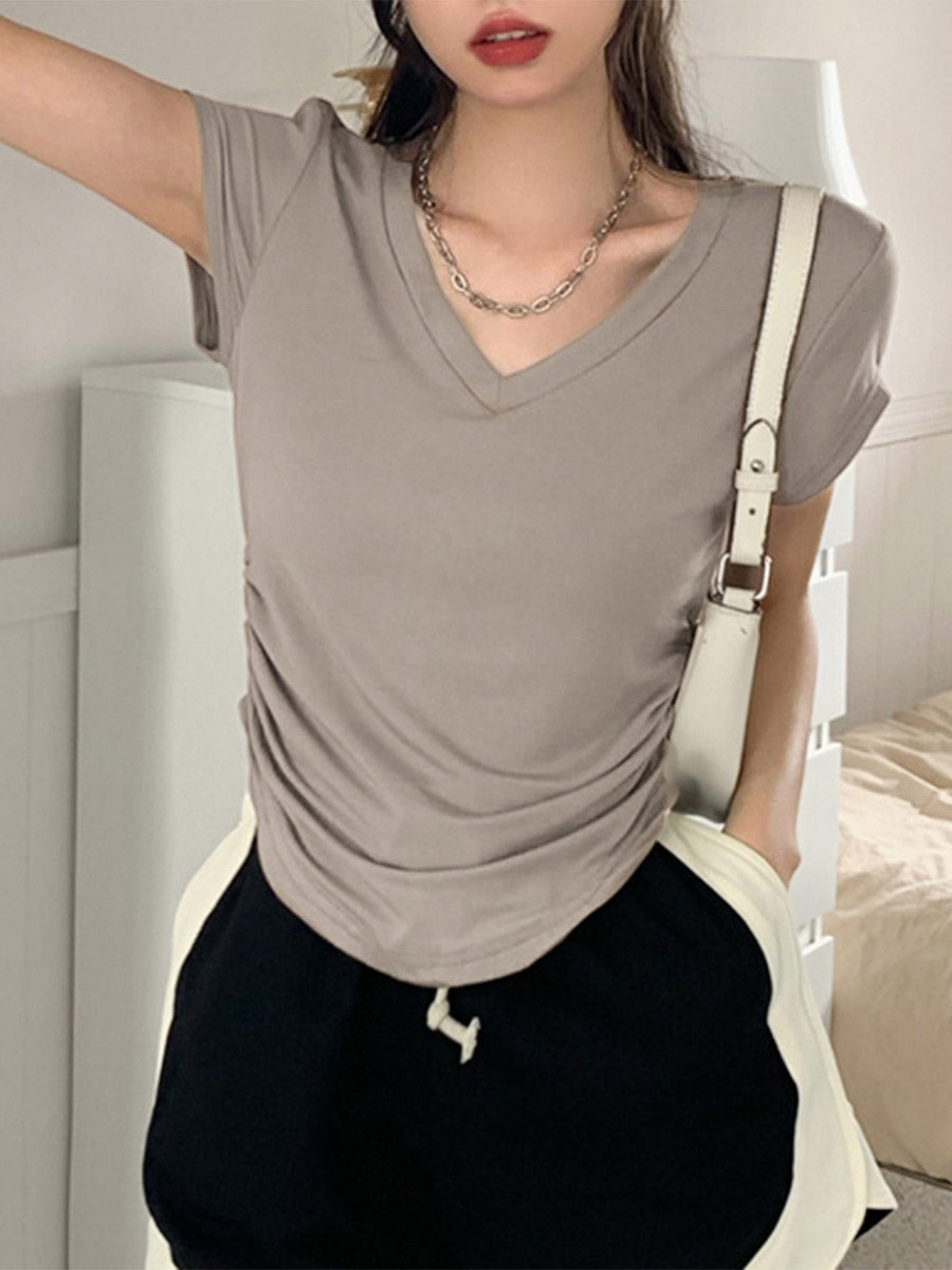V Neck Side Ruched Slim Fit Short Sleeve T-Shirt Curved Hem Cropped Tee Basic Top