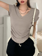 V Neck Side Ruched Slim Fit Short Sleeve T-Shirt Curved Hem Cropped Tee Basic Top