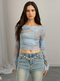 Off Shoulder Tie Dye Mesh Long Sleeve Crop Top Sheer See Through Slim Fitted Club Tee