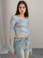 Off Shoulder Tie Dye Mesh Long Sleeve Crop Top Sheer See Through Slim Fitted Club Tee