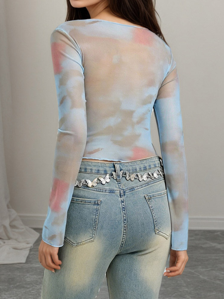 Off Shoulder Tie Dye Mesh Long Sleeve Crop Top Sheer See Through Slim Fitted Club Tee