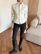 Brown White Two Color Cotton Blouse Front Pleated Slim Fit Cuffed Sleeve Shirts