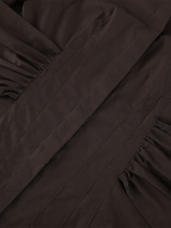 Brown White Two Color Cotton Blouse Front Pleated Slim Fit Cuffed Sleeve Shirts