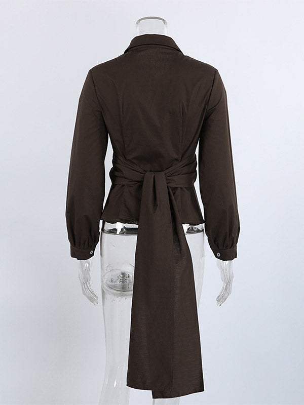 Brown White Two Color Cotton Blouse Front Pleated Slim Fit Cuffed Sleeve Shirts