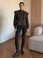 Brown White Two Color Cotton Blouse Front Pleated Slim Fit Cuffed Sleeve Shirts