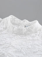 Textured Jacquard Puff Sleeve Blouse High Neck Peplum Waist Flared Hem Tops